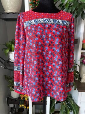 LOFT Red Floral Border-Print Long Sleeve Blouse with Blue Accents